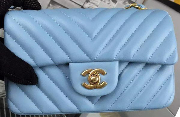 Chanel mini Classic Flap Bag SkyBlue Original Sheepskin Chevron Leather CHA5500 Gold