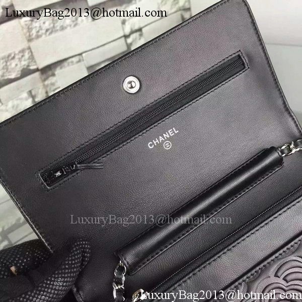 Chanel WOC Flap Bag Original Black Camellia Leather A5373 Silver Chanel WOC Flap Bag Original Black Camellia Leather A5373 Silver