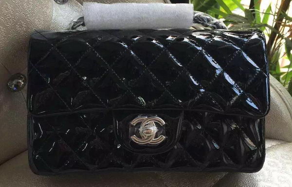 Chanel mini Classic Flap Bag Black Original Patent A1116 Silver