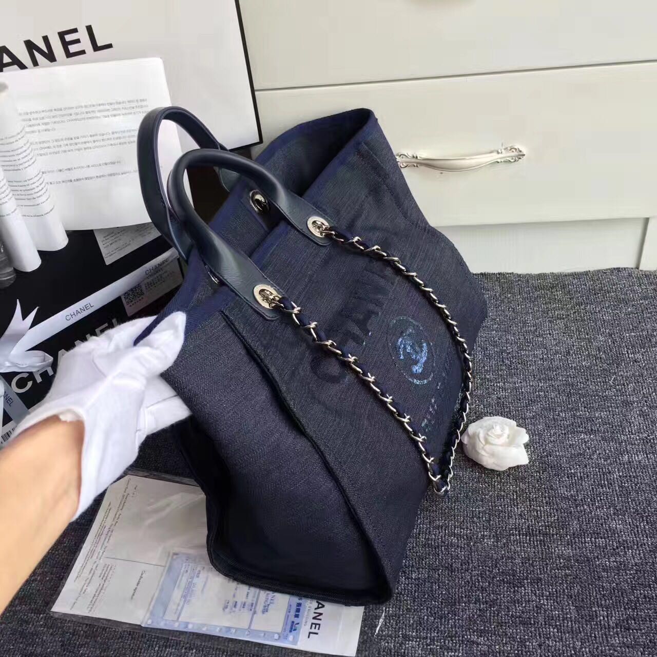 Chanel Canvas Leather Tote Shopping Bag Dark Blue A1679 Chanel Canvas Leather Tote Shopping Bag Dark Blue A1679