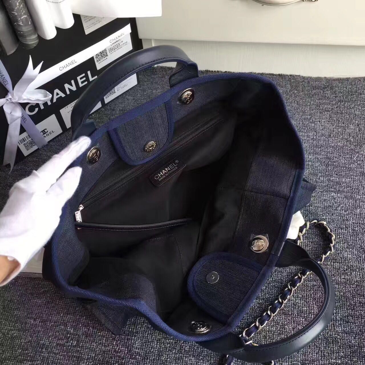 Chanel Canvas Leather Tote Shopping Bag Dark Blue A1679 Chanel Canvas Leather Tote Shopping Bag Dark Blue A1679