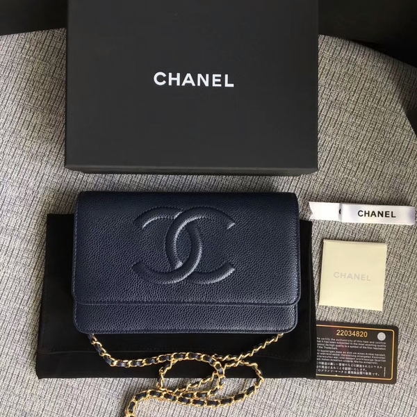 Chanel WOC Original Calfskin Leather Dark Blue Shoulder Bag 33814 Glod Chanel WOC Original Calfskin Leather Dark Blue Shoulder Bag 33814 Glod