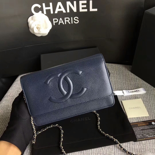 Chanel WOC Original Calfskin Leather Dark Blue Shoulder Bag 33814 Silver Chanel WOC Original Calfskin Leather Dark Blue Shoulder Bag 33814 Silver
