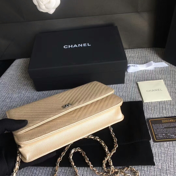 Chanel WOC Flap Shoulder Bag Gold Calfskin Leather A33814 Silver Chanel WOC Flap Shoulder Bag Gold Calfskin Leather A33814 Silver