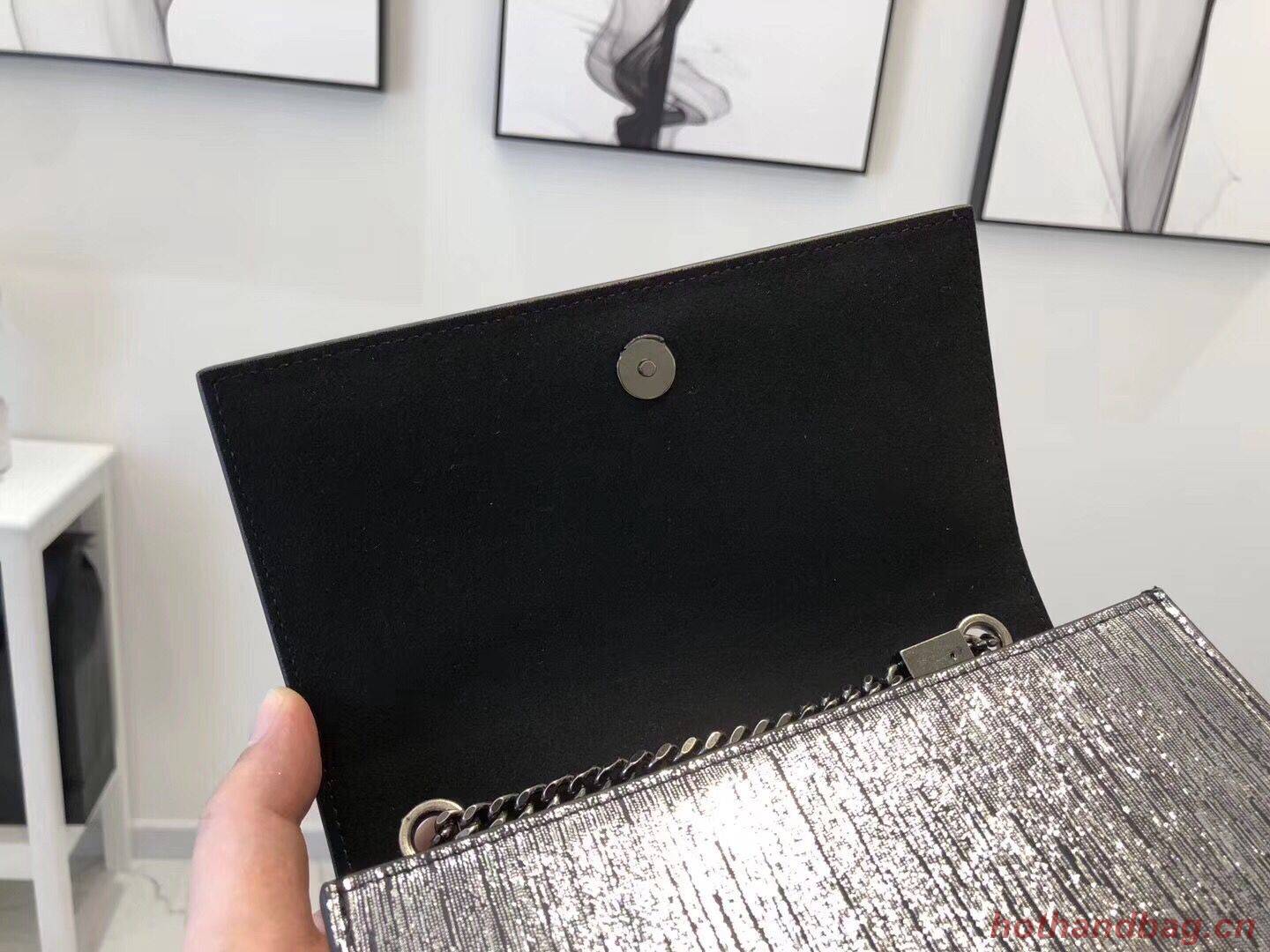 SAINT LAURENT Kate Silver Wire croc-embossed Shoulder Bag 474366 Silver