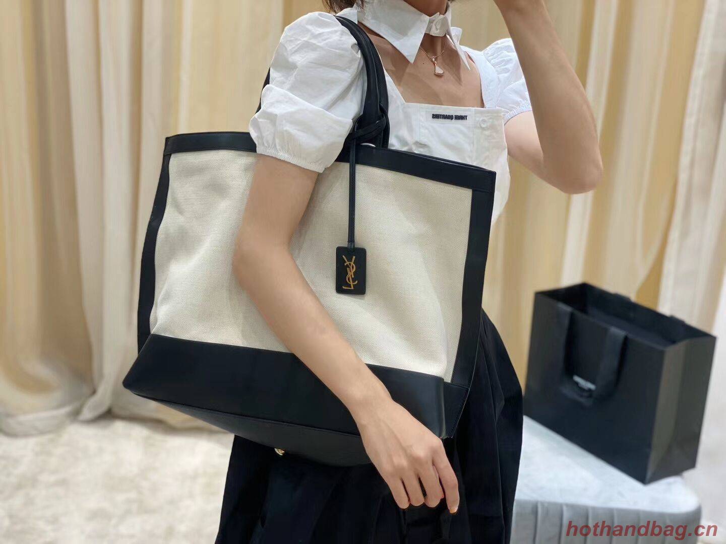 Yves Saint Laurent SHOPPING TAG IN CANVAS AND LEATHER Y615719 black&white Yves Saint Laurent SHOPPING TAG IN CANVAS AND LEATHER Y615719 black&white