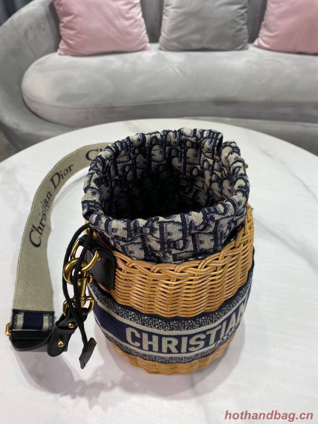 DIOR WICKER BUCKET BAG Blue Dior Oblique Jacquard and Natural Wicke M7600C DIOR WICKER BUCKET BAG Blue Dior Oblique Jacquard and Natural Wicke M7600C