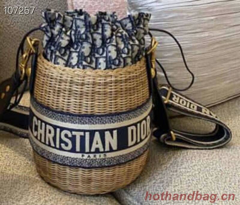 DIOR WICKER BUCKET BAG Blue Dior Oblique Jacquard and Natural Wicke M7600C DIOR WICKER BUCKET BAG Blue Dior Oblique Jacquard and Natural Wicke M7600C