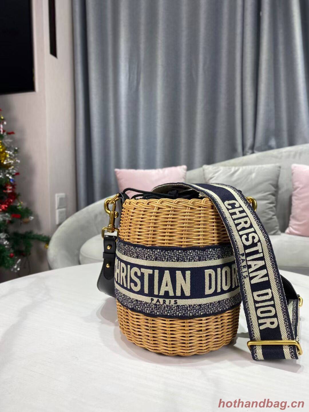 DIOR WICKER BUCKET BAG Blue Dior Oblique Jacquard and Natural Wicke M7600C DIOR WICKER BUCKET BAG Blue Dior Oblique Jacquard and Natural Wicke M7600C