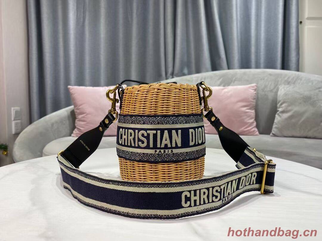 DIOR WICKER BUCKET BAG Blue Dior Oblique Jacquard and Natural Wicke M7600C DIOR WICKER BUCKET BAG Blue Dior Oblique Jacquard and Natural Wicke M7600C