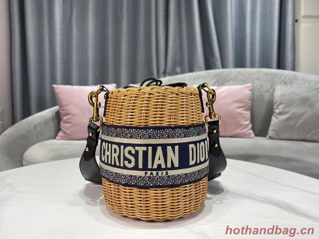 DIOR WICKER BUCKET BAG Blue Dior Oblique Jacquard and Natural Wicke M7600C DIOR WICKER BUCKET BAG Blue Dior Oblique Jacquard and Natural Wicke M7600C