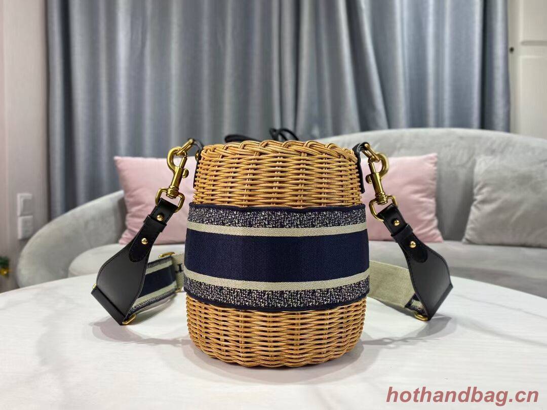 DIOR WICKER BUCKET BAG Blue Dior Oblique Jacquard and Natural Wicke M7600C DIOR WICKER BUCKET BAG Blue Dior Oblique Jacquard and Natural Wicke M7600C