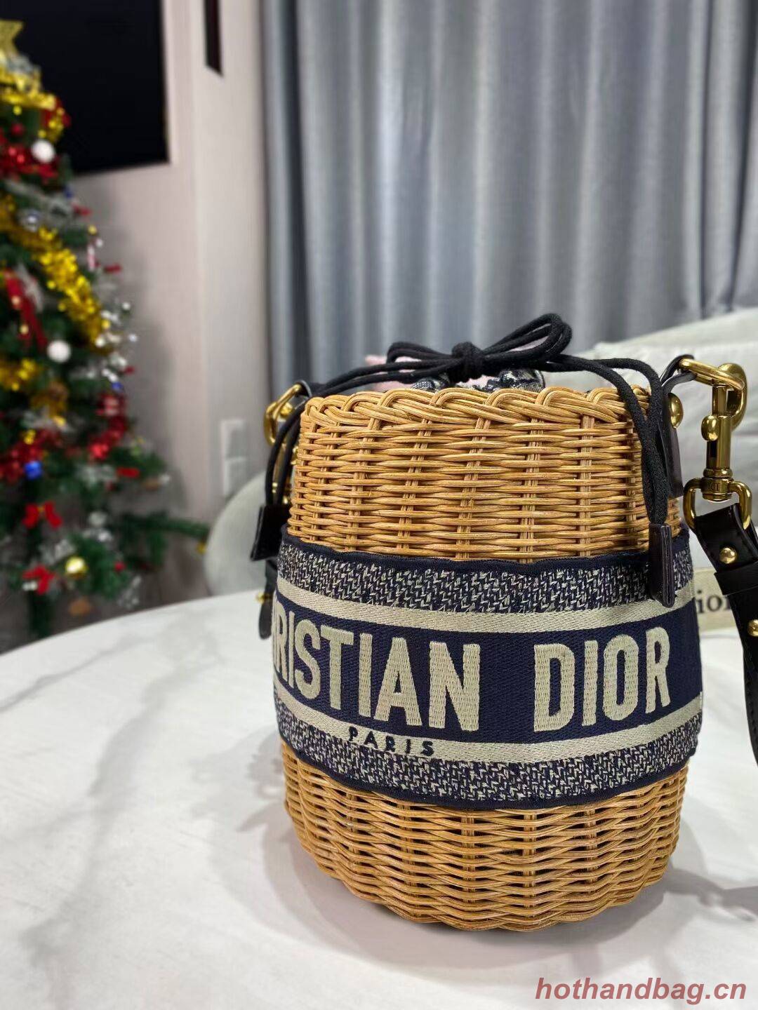 DIOR WICKER BUCKET BAG Blue Dior Oblique Jacquard and Natural Wicke M7600C DIOR WICKER BUCKET BAG Blue Dior Oblique Jacquard and Natural Wicke M7600C