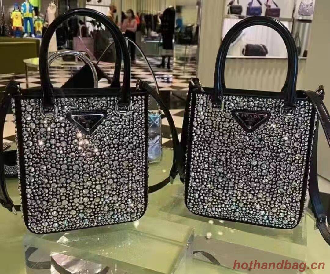 Prada leather small-bag with artificial crystals tote 1BC331 black Prada leather small-bag with artificial crystals tote 1BC331 black