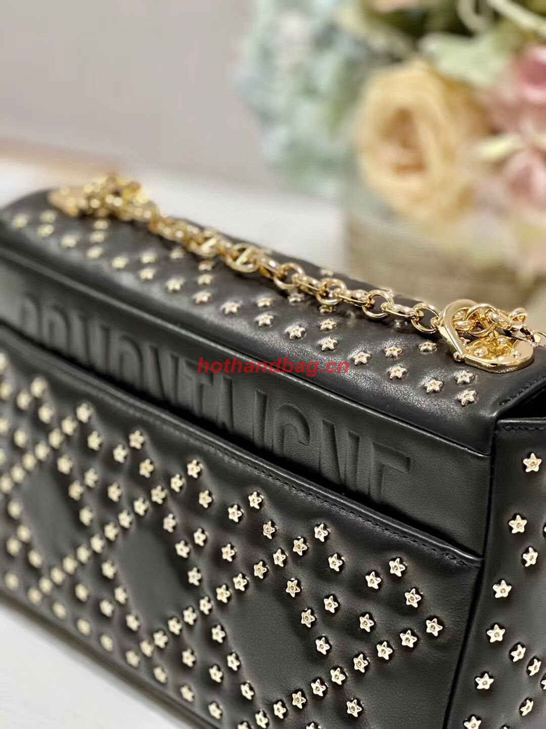 DIOR CARO MACROCANNAGE POUCH Macrocannage Calfskin with Star Motif C3136 black&gold DIOR CARO MACROCANNAGE POUCH Macrocannage Calfskin with Star Motif C3136 black&gold