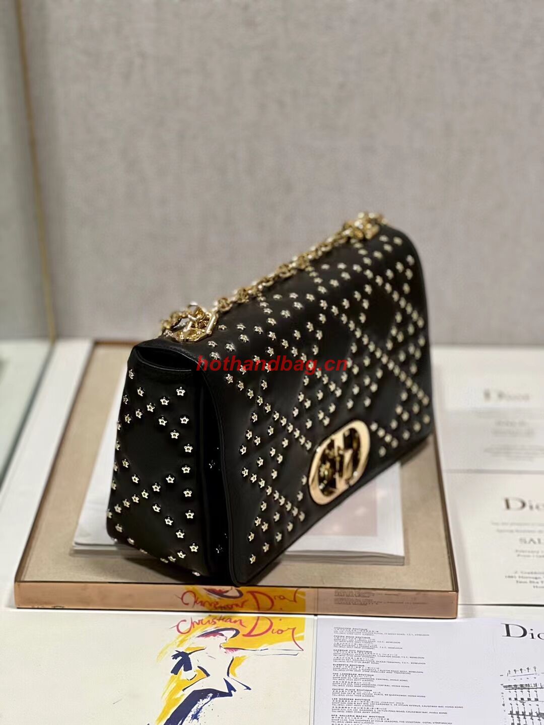 DIOR CARO MACROCANNAGE POUCH Macrocannage Calfskin with Star Motif C3136 black&gold DIOR CARO MACROCANNAGE POUCH Macrocannage Calfskin with Star Motif C3136 black&gold