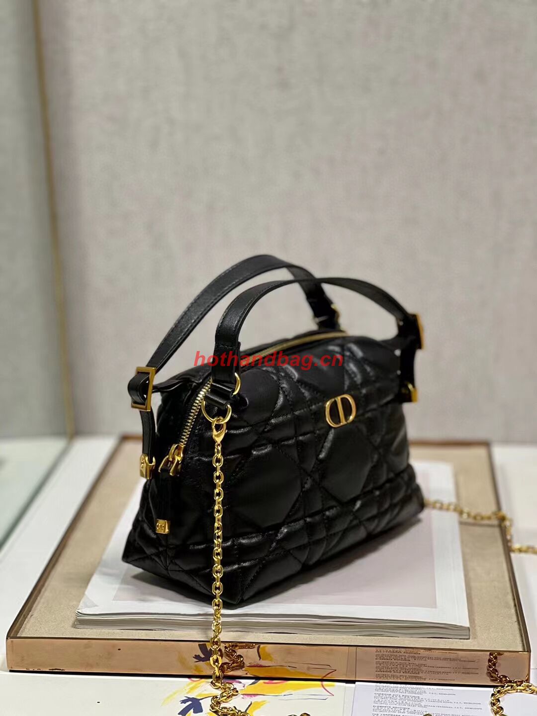 LADY DIOR TOP HANDLE SMALL BAG Latte Cannage Lambskin C0655 BLACK LADY DIOR TOP HANDLE SMALL BAG Latte Cannage Lambskin C0655 BLACK