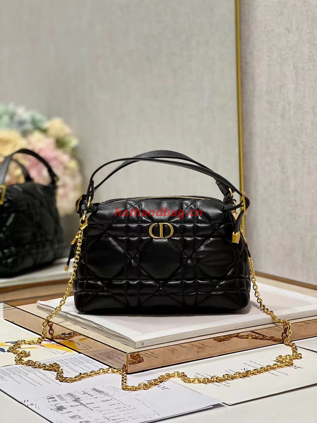 LADY DIOR TOP HANDLE SMALL BAG Latte Cannage Lambskin C0655 BLACK LADY DIOR TOP HANDLE SMALL BAG Latte Cannage Lambskin C0655 BLACK