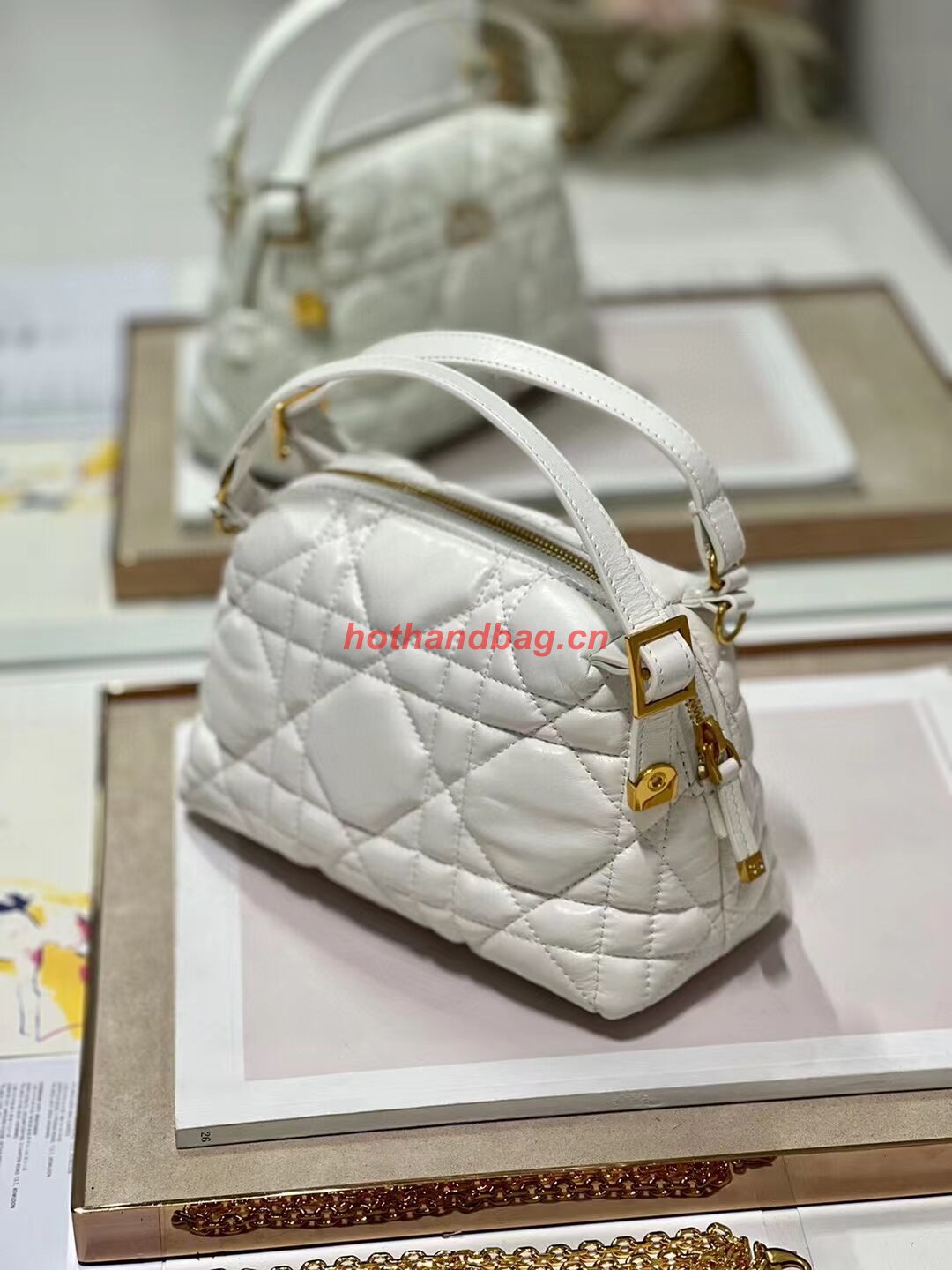 LADY DIOR TOP HANDLE SMALL BAG Latte Cannage Lambskin C0655 WHITE LADY DIOR TOP HANDLE SMALL BAG Latte Cannage Lambskin C0655 WHITE