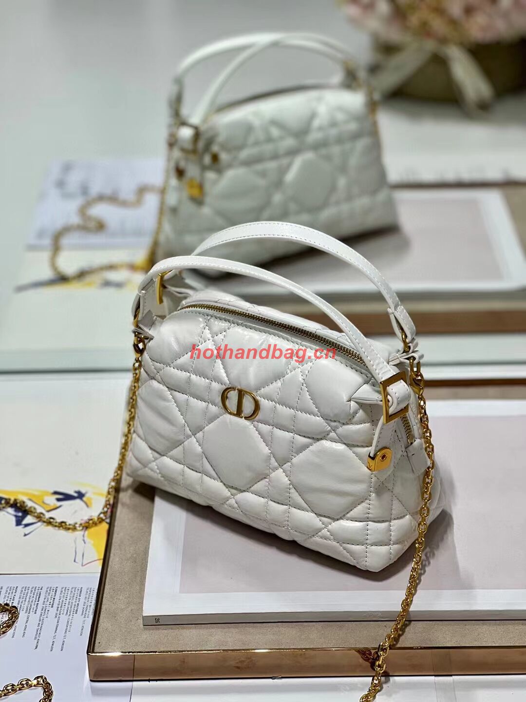 LADY DIOR TOP HANDLE SMALL BAG Latte Cannage Lambskin C0655 WHITE LADY DIOR TOP HANDLE SMALL BAG Latte Cannage Lambskin C0655 WHITE