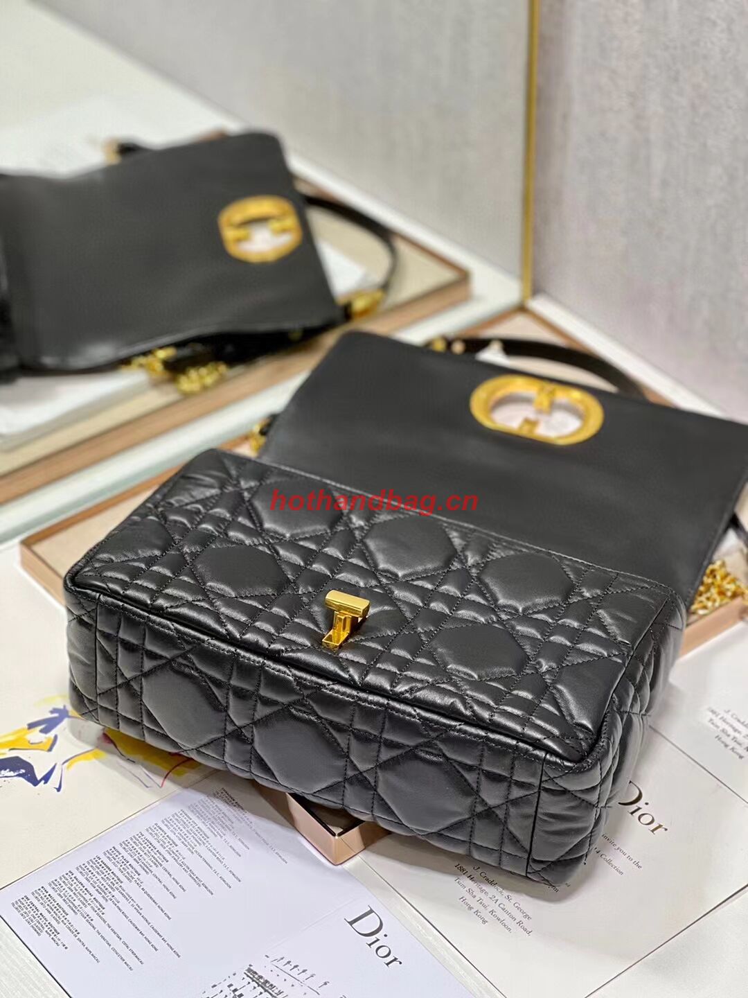 LARGE DIOR CARO BAG Supple Cannage Calfskin C3155 black&gold LARGE DIOR CARO BAG Supple Cannage Calfskin C3155 black&gold