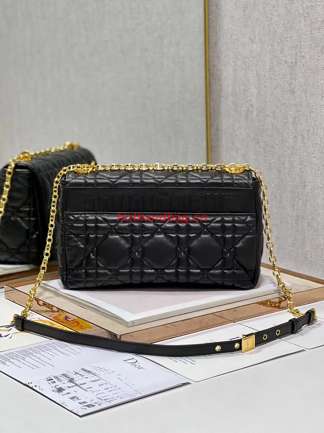 LARGE DIOR CARO BAG Supple Cannage Calfskin C3155 black&gold LARGE DIOR CARO BAG Supple Cannage Calfskin C3155 black&gold