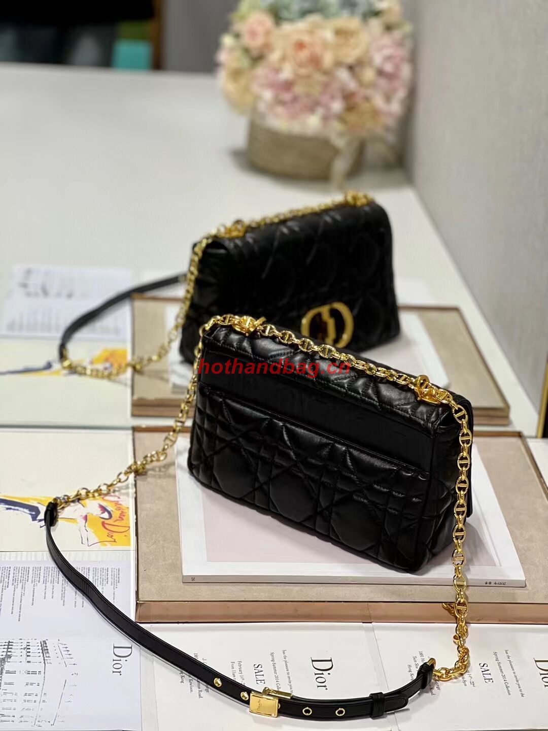 MEDIUM DIOR CARO BAG Supple Cannage Calfskin M9242U black&gold MEDIUM DIOR CARO BAG Supple Cannage Calfskin M9242U black&gold