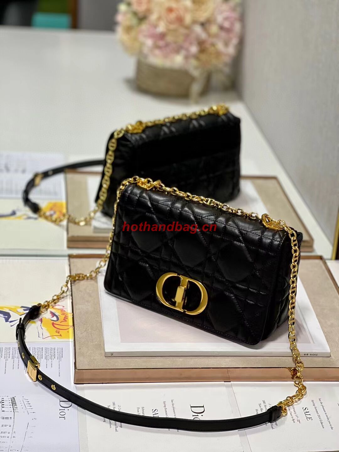 MEDIUM DIOR CARO BAG Supple Cannage Calfskin M9242U black&gold MEDIUM DIOR CARO BAG Supple Cannage Calfskin M9242U black&gold