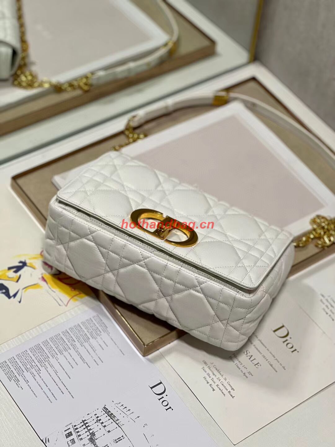 MEDIUM DIOR CARO BAG Supple Cannage Calfskin M9242U white&gold MEDIUM DIOR CARO BAG Supple Cannage Calfskin M9242U white&gold