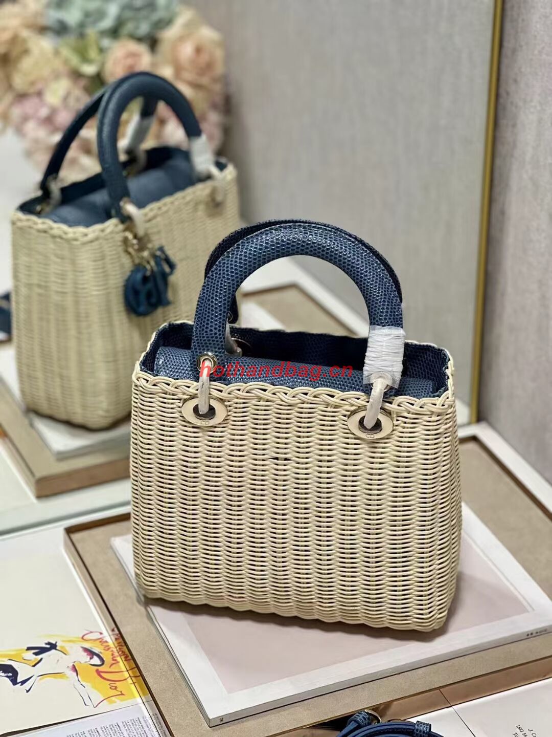 MEDIUM LADY DIOR BAG Natural Wicker and BlueLizard skin M0565 MEDIUM LADY DIOR BAG Natural Wicker and BlueLizard skin M0565