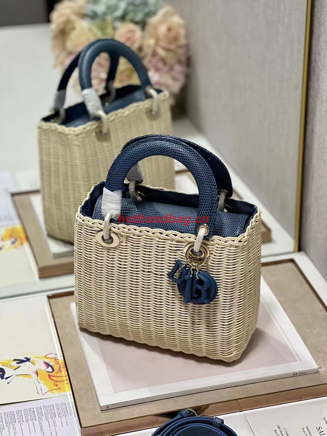 MEDIUM LADY DIOR BAG Natural Wicker and BlueLizard skin M0565 MEDIUM LADY DIOR BAG Natural Wicker and BlueLizard skin M0565