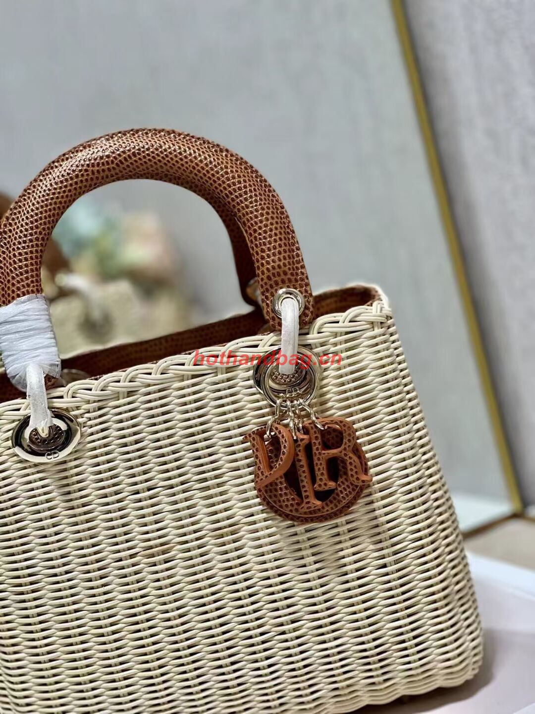 MEDIUM LADY DIOR BAG Natural Wicker and Brown Lizard skin M0565 MEDIUM LADY DIOR BAG Natural Wicker and Brown Lizard skin M0565