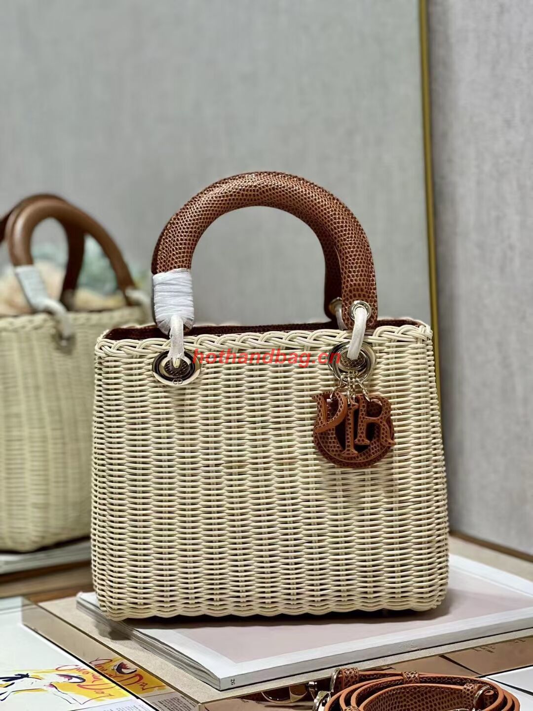 MEDIUM LADY DIOR BAG Natural Wicker and Brown Lizard skin M0565 MEDIUM LADY DIOR BAG Natural Wicker and Brown Lizard skin M0565
