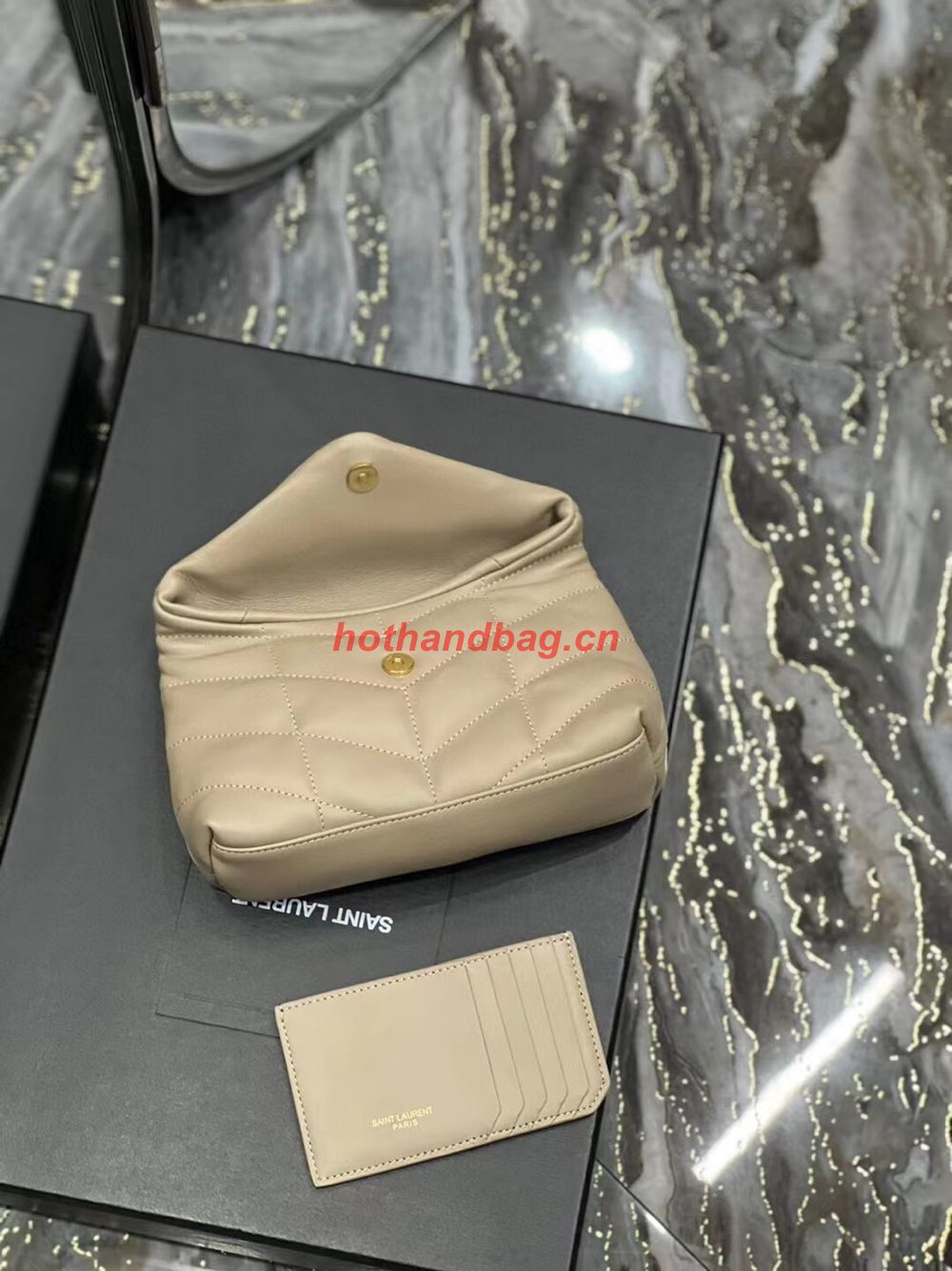SAINT LAUREN PUFFER SMALL POUCH IN QUILTED LAMBSKIN 6508801 TAUPE&GOLD SAINT LAUREN PUFFER SMALL POUCH IN QUILTED LAMBSKIN 6508801 TAUPE&GOLD