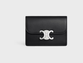 Celine CARD HOLDER WITH FLAP TRIOMPHE IN SHINY CALFSKIN 10I583 black&SILVER