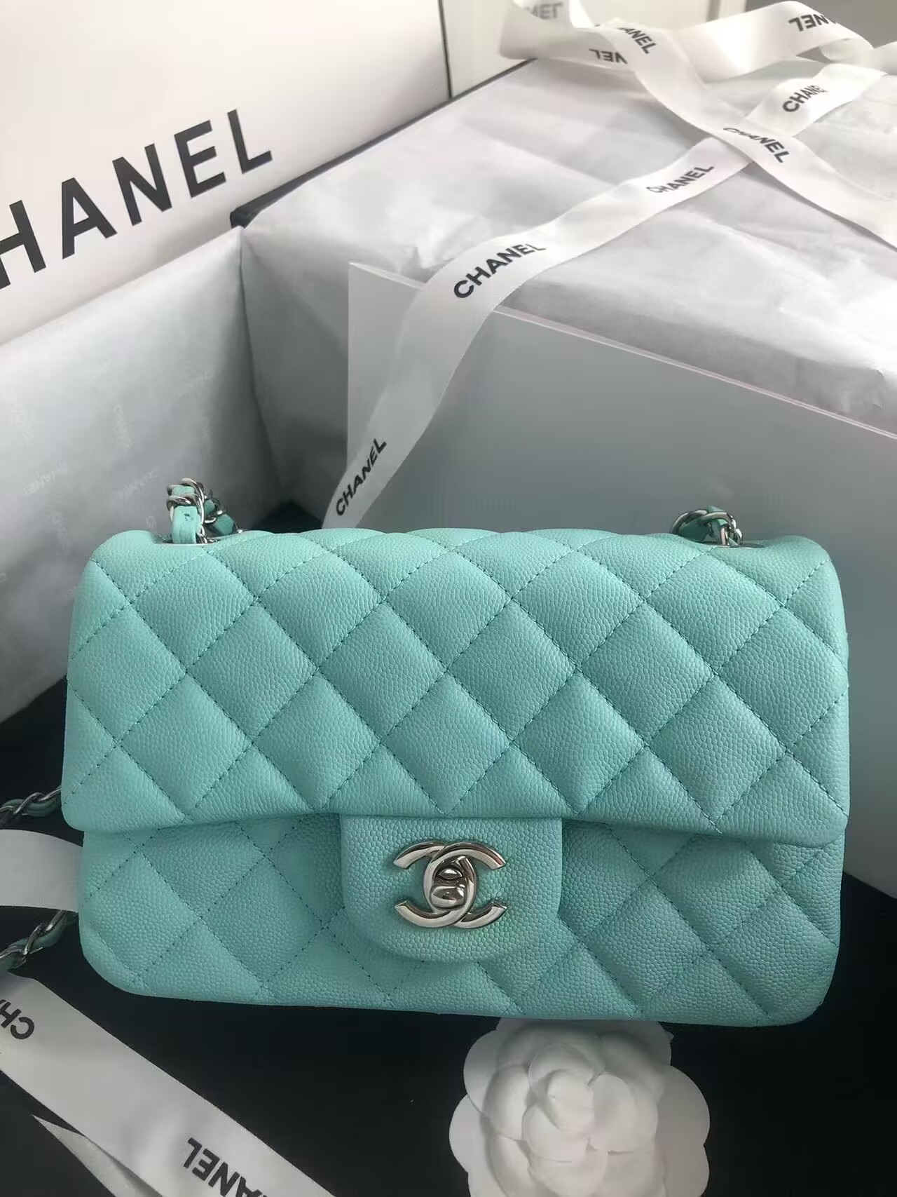Chanel Flap Shoulder Bag Grained Calfskin Caviar Leather A01116 silver-Tone Metal sky blue