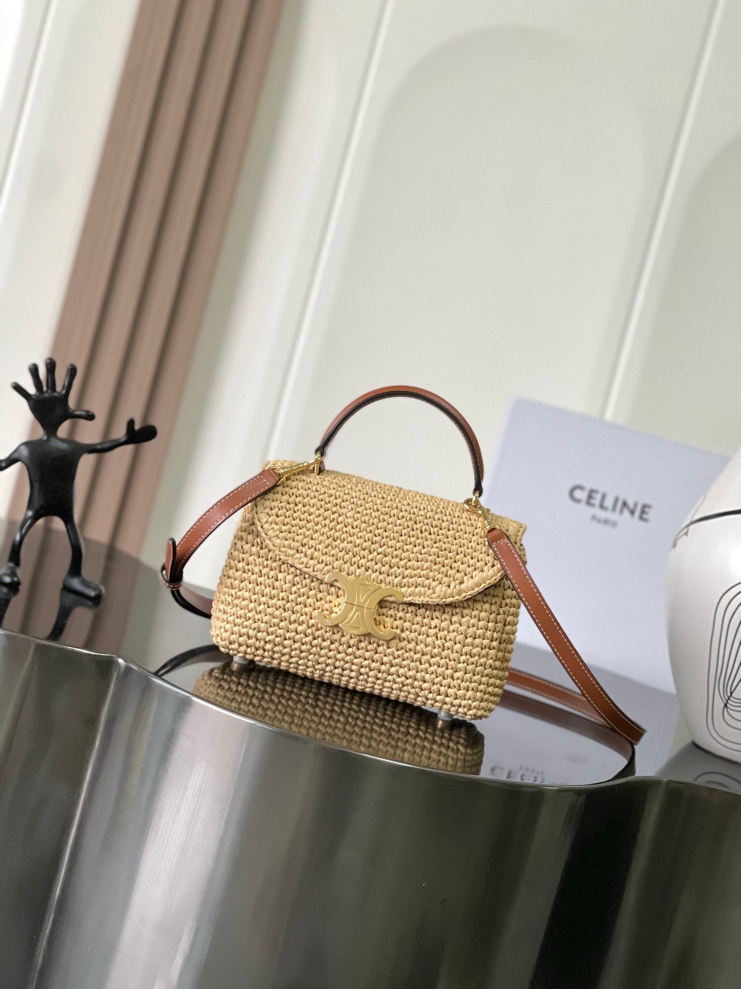 Celine TEEN NINO BAG  IN RAFFIA WITH TRIOMPHE EMBROIDERIES 118113 NATURAL & TAN