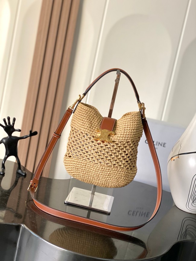 Celine SMALL LOUISE BUCKET IN RAFFIA AND CALFSKIN 119173 NATURAL & TAN