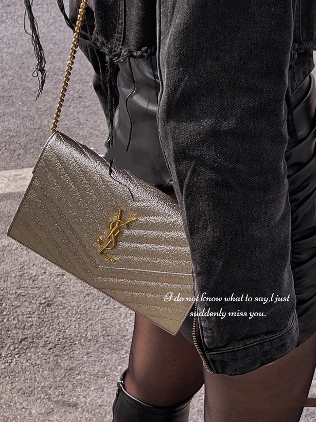 SAINT LAUREN CASSANDRE MATELASSE CHAIN WALLET IN GRAIN DE POUDRE EMBOSSED LEATHER 377828 Silver