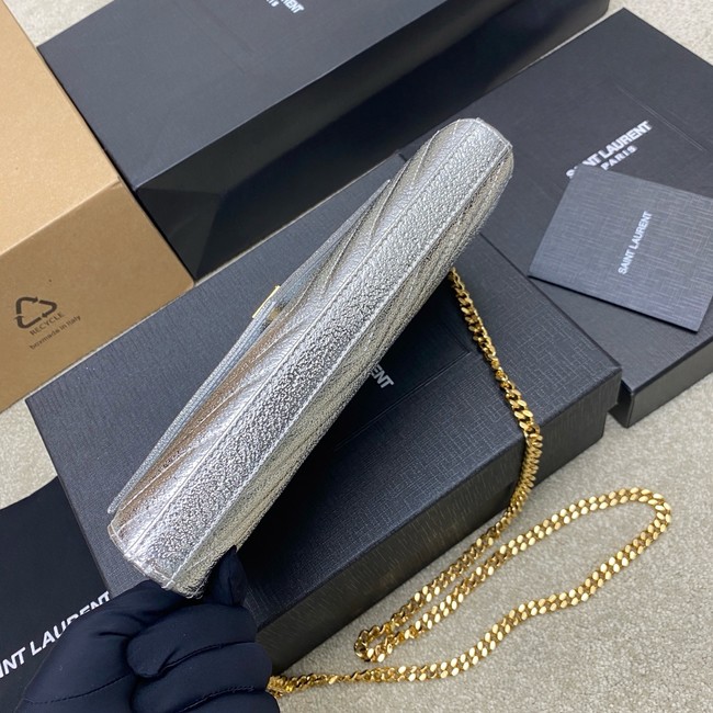 SAINT LAUREN CASSANDRE MATELASSE CHAIN WALLET IN GRAIN DE POUDRE EMBOSSED LEATHER 377828 Silver