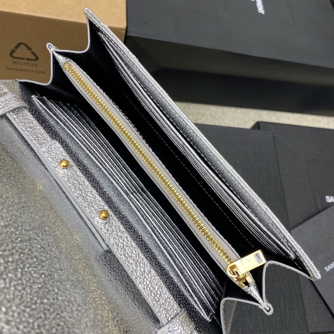 SAINT LAUREN CASSANDRE MATELASSE CHAIN WALLET IN GRAIN DE POUDRE EMBOSSED LEATHER 377828 Silver