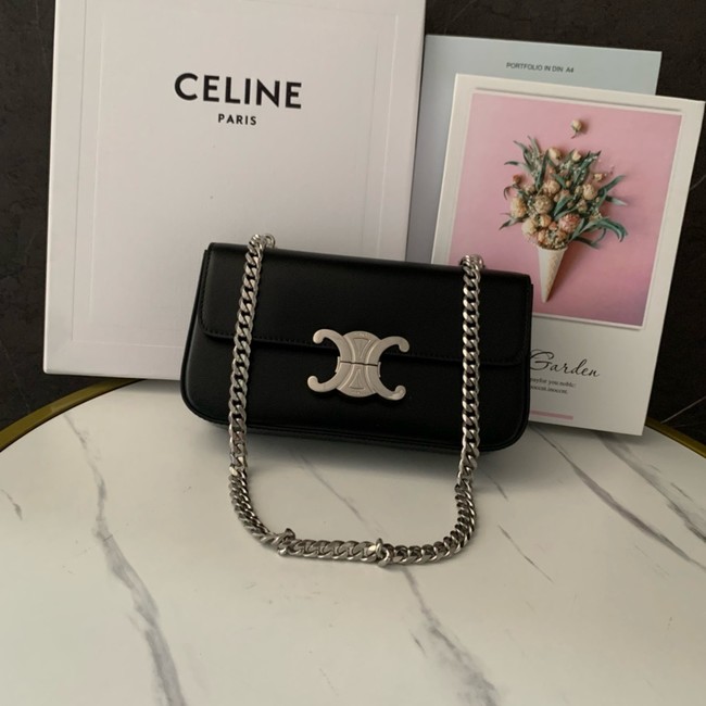 Celine CHAIN SHOULDER BAG TRIOMPHE IN SHINY CALFSKIN 197992 black&Silver Hardware