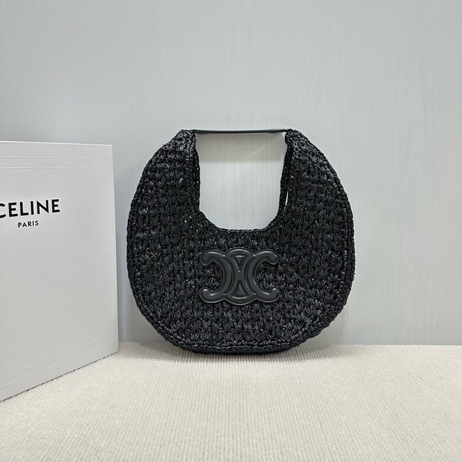 celine classic panier HOBO BAG IN Raffia and Calfskin 112772 black