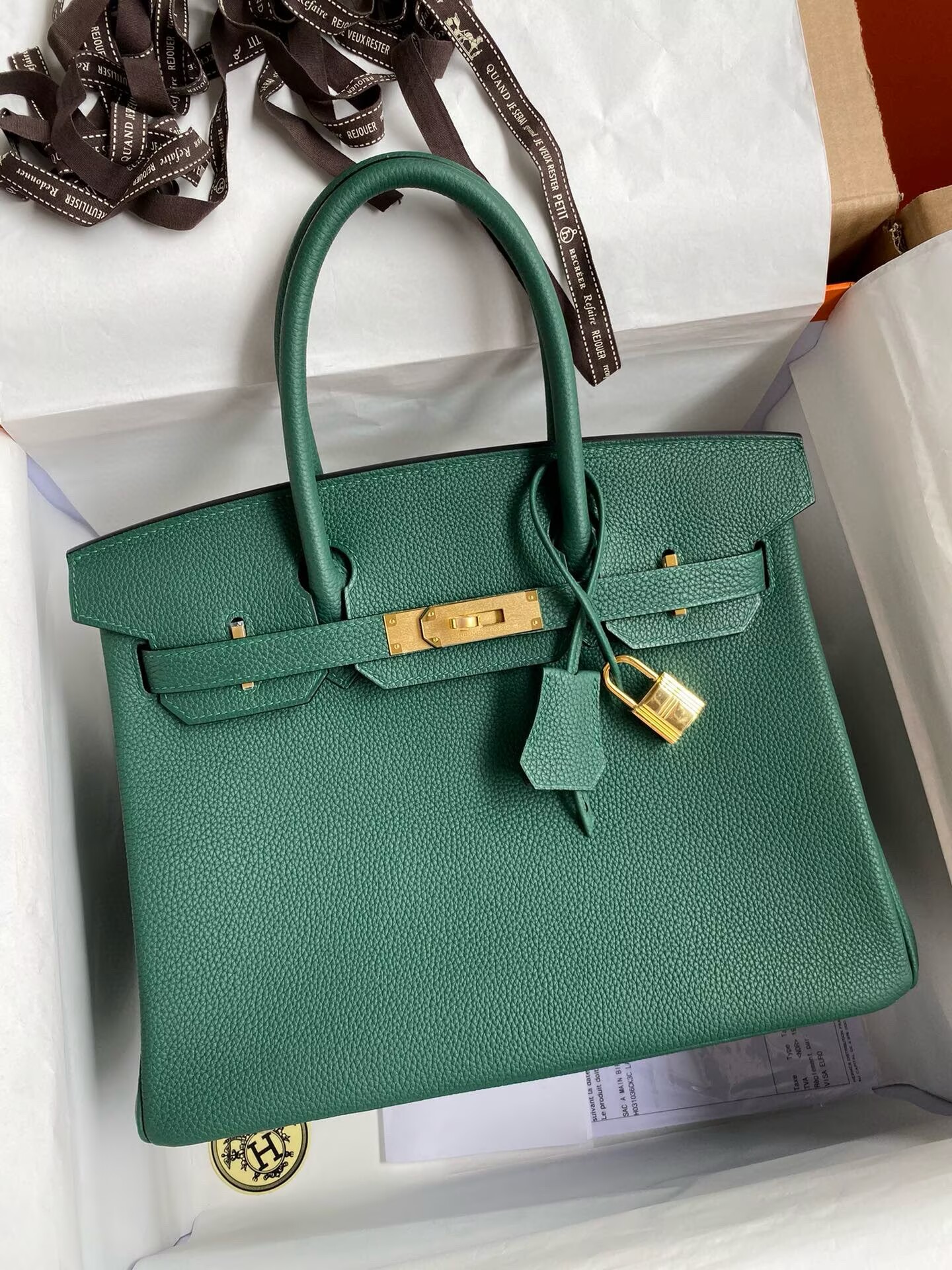 Hermes Birkin Original Togo Leather Bag 5588 Green Gold-Tone