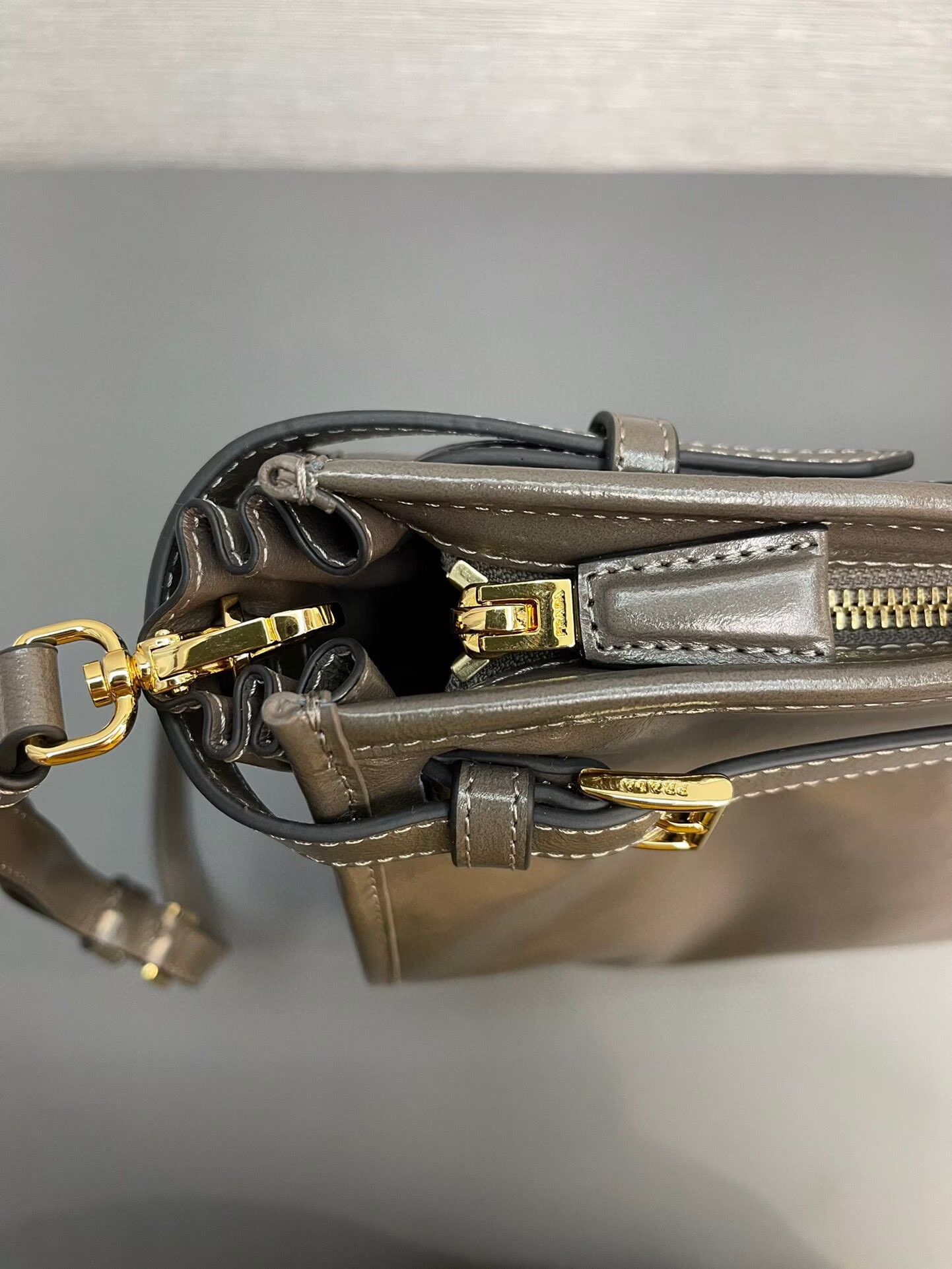 Prada Large Bonnie Leather Tote Bag 1BA439 Khaki Grey
