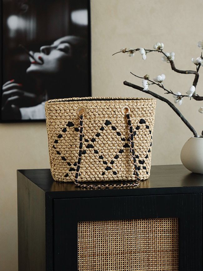 CHANEL Braided Straw Shoulder Bag AS5955 Apricot and black CHANEL Braided Straw Shoulder Bag AS5955 Apricot and black