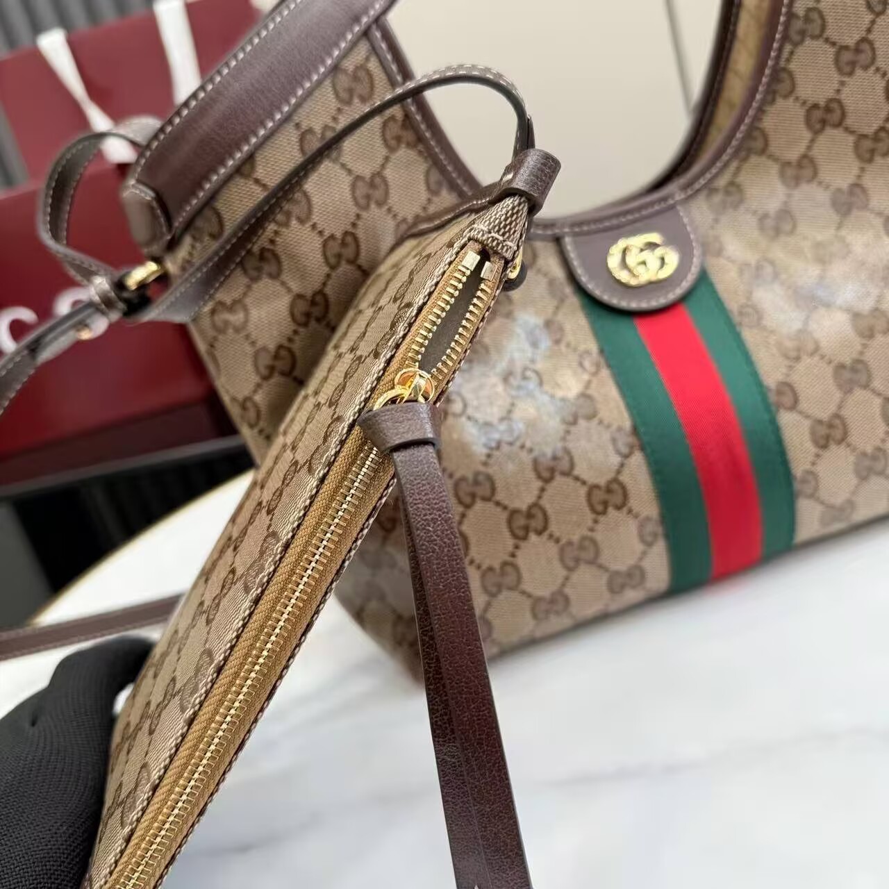 Gucci Giglio Small Canvas & Leather Tote Bag 53012 Brown