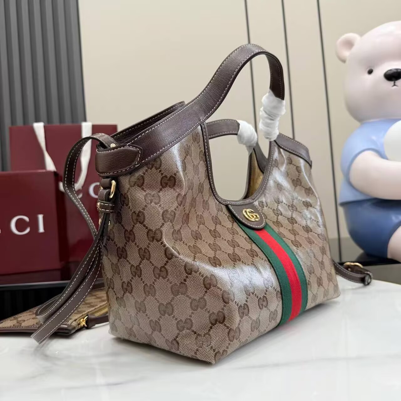Gucci Giglio Small Canvas & Leather Tote Bag 53012 Brown