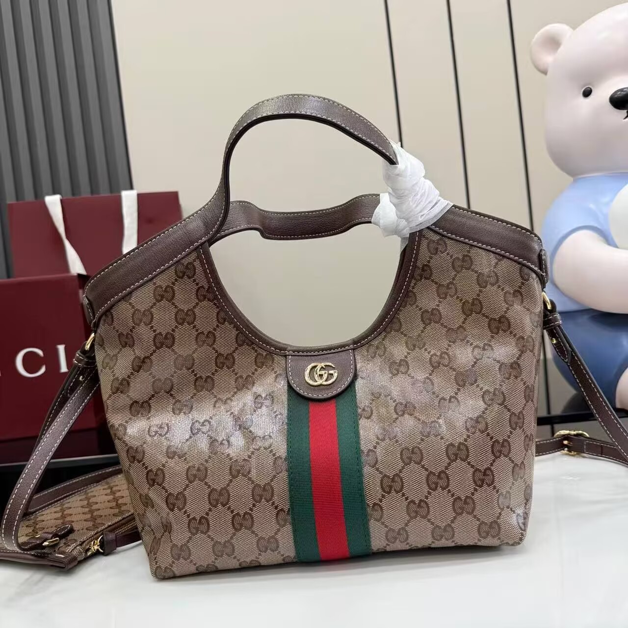 Gucci Giglio Small Canvas & Leather Tote Bag 53012 Brown