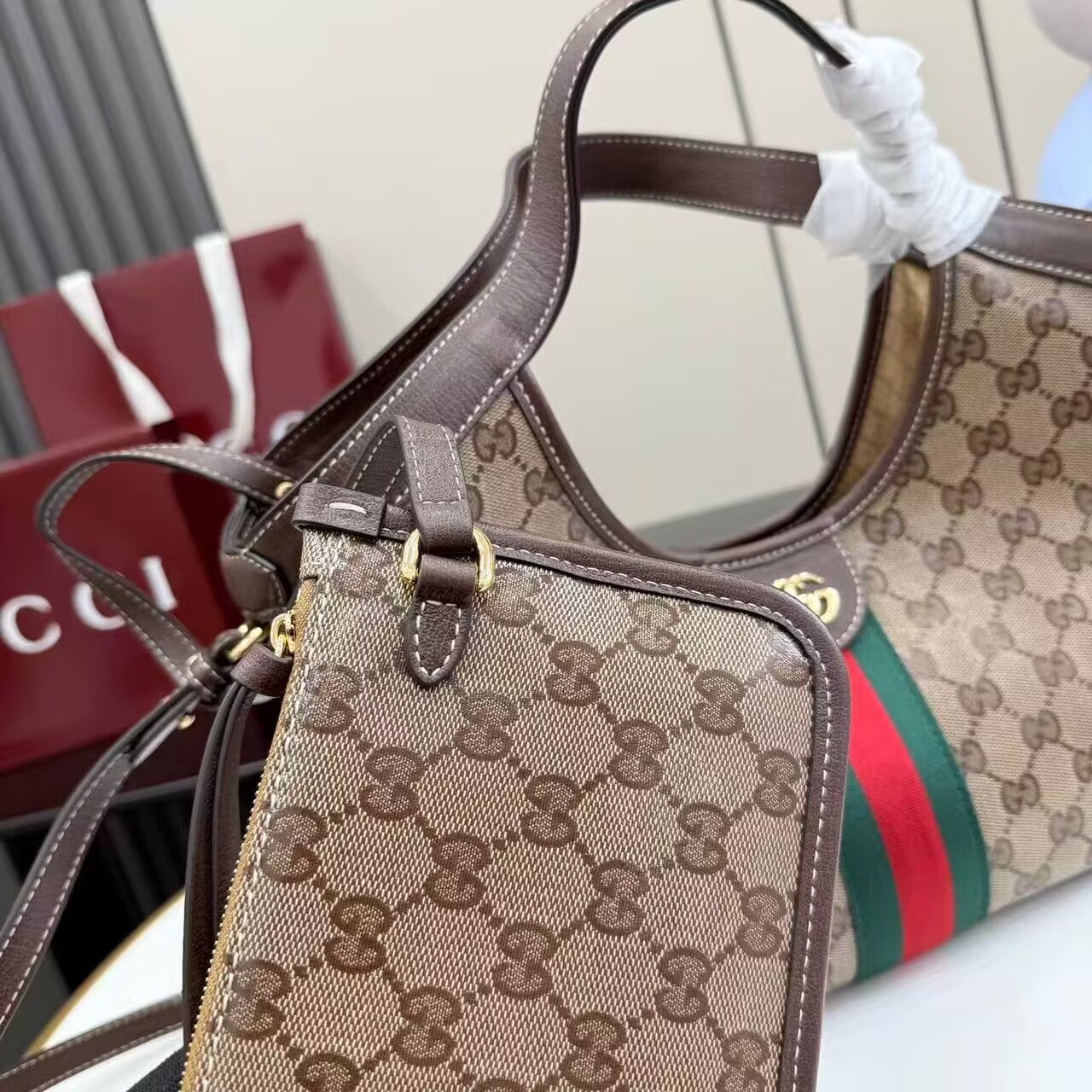 Gucci Giglio Small Canvas & Leather Tote Bag 53012 Brown